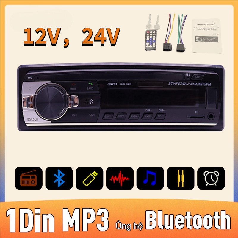 Xe Radio Audio Bluetooth MP3 Player 60Wx4 12V/24v Hỗ trợ sạc thẻ USB/TF với điều khiển từ xa Hỗ trợ điều khiển vuông1DIN