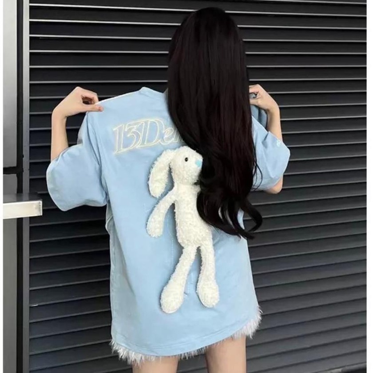 M467 - Áo thun tay lỡ đính gấu kèm túi trước dây kéo trendy