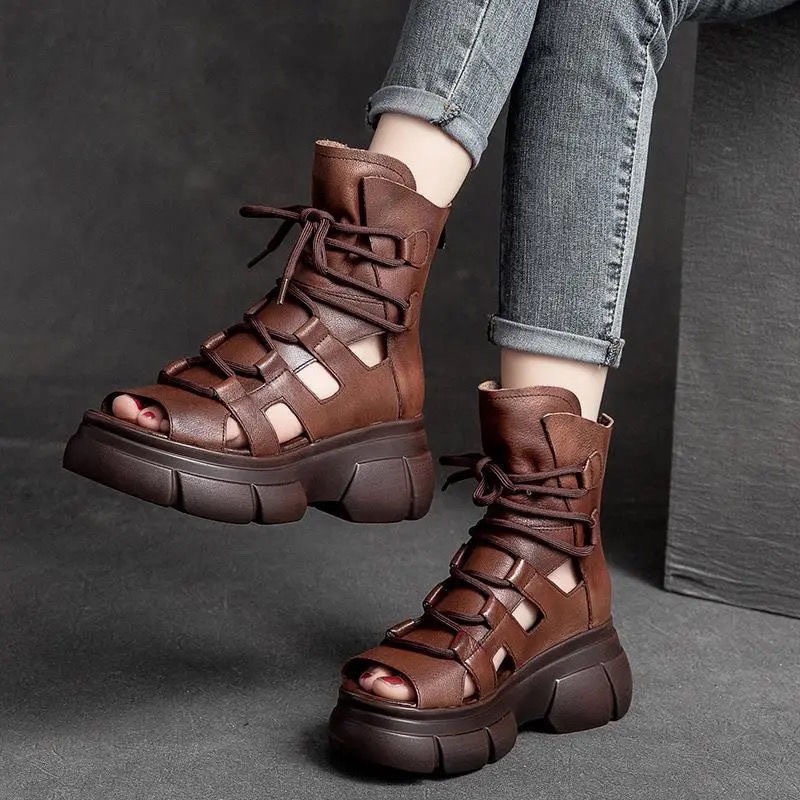 Giày Sandal Cao Gót Da Mềm Đế Xuồng Chống Nước Phong Cách Retro Xuân Hè Mới Cho Nữ