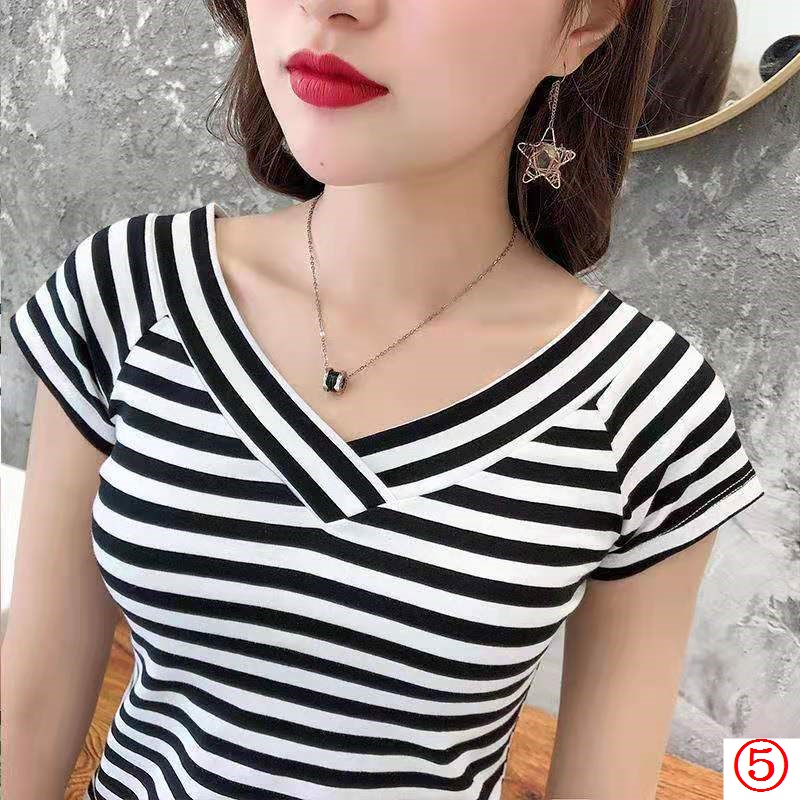 Áo Thun Ngắn Tay Cổ Chữ V Họa Tiết Kẻ Sọc Đôi Phong Cách Hàn Quốc Thời Trang Mùa Hè Hàng Mới 2023