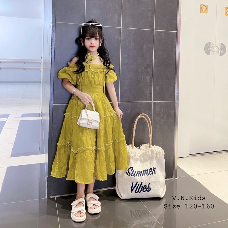 Váy trễ vai kèm hoa xinh sang cho Bé size đại 18kg-41kg