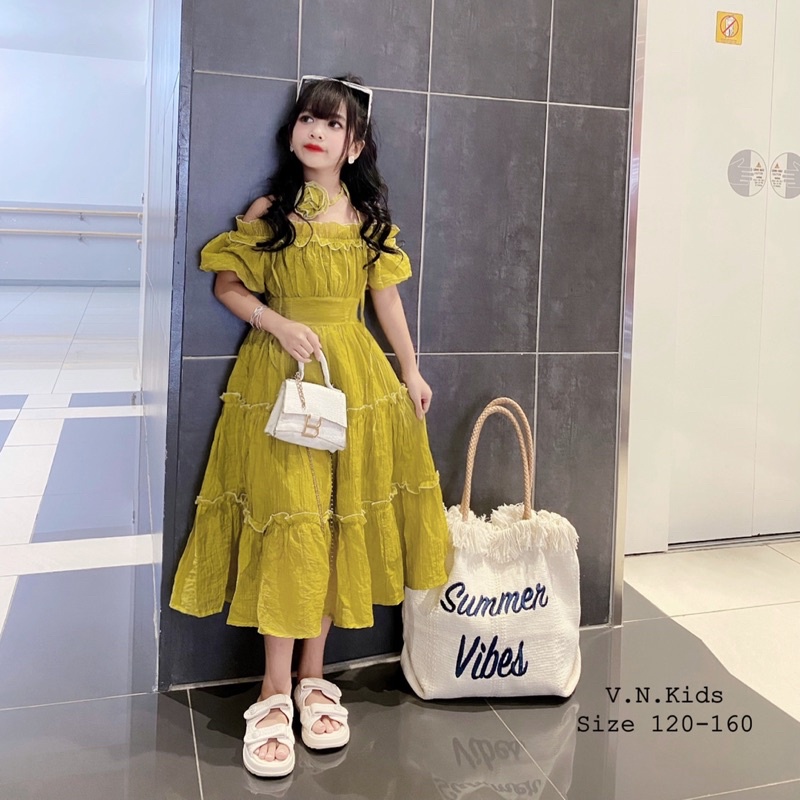 Váy trễ vai kèm hoa xinh sang cho Bé size đại 18kg-41kg