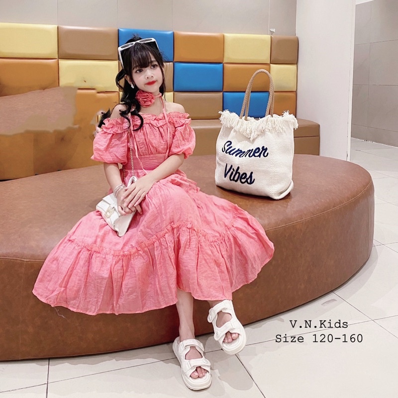 Váy trễ vai kèm hoa xinh sang cho Bé size đại 18kg-41kg