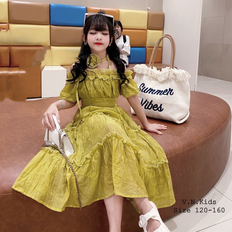 Váy trễ vai kèm hoa xinh sang cho Bé size đại 18kg-41kg