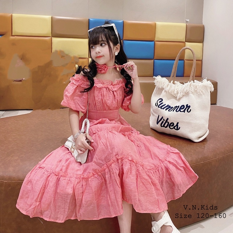 Váy trễ vai kèm hoa xinh sang cho Bé size đại 18kg-41kg