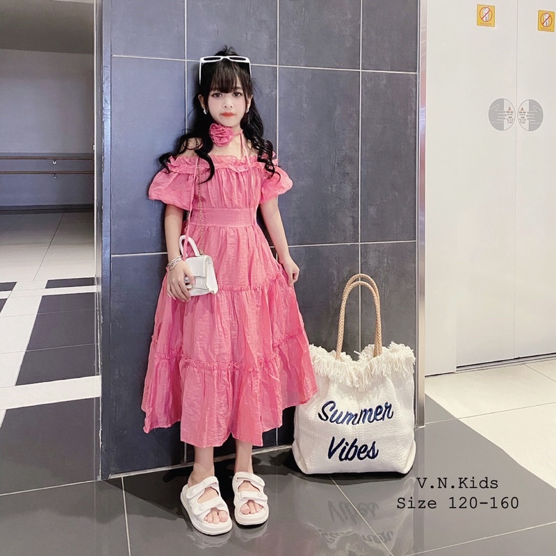 Váy trễ vai kèm hoa xinh sang cho Bé size đại 18kg-41kg