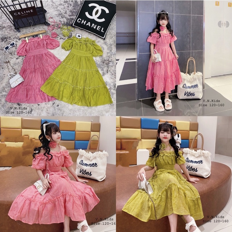 Váy trễ vai kèm hoa xinh sang cho Bé size đại 18kg-41kg