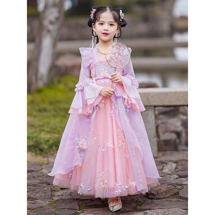 Bé gái Hanfu mùa hè phần mỏng bé gái 2023 mùa hè mới Tang phù hợp với trang phục cổ trang phục siêu tiên trẻ