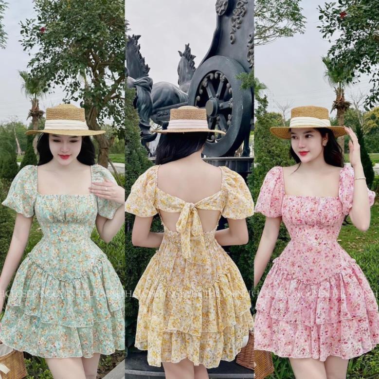 Váy tiểu thư xoè hoa tầng nữ tính, đầm voan hoa xoè nơ lưng