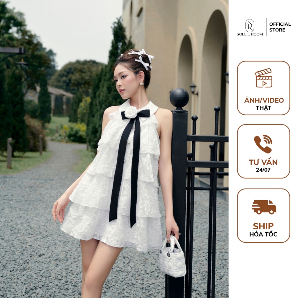 Đầm Yếm Nữ Babydoll Ngắn Xòe Xếp Tầng Soleil Room Phối Hoa Nơ Tiểu Thư Cách Điệu Dollz Dress