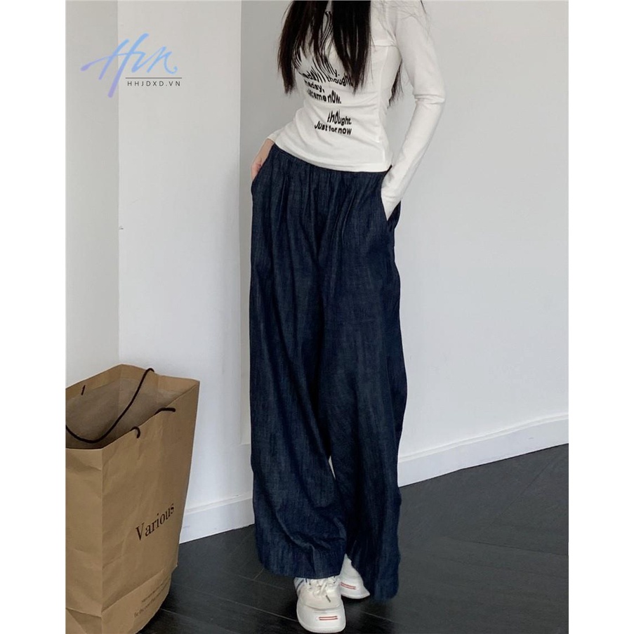 Quần Jean Dài Lưng Thun Ống Rộng Cỡ Nhỏ Thời Trang Trẻ Trung Cho Nữ