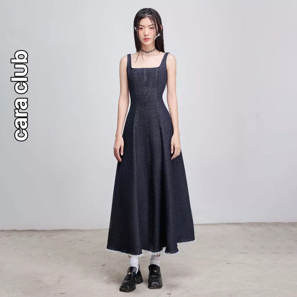 CARA Đầm dài nữ Claire dáng xòe hai dây chiết eo vải jean dày dặn cá tính