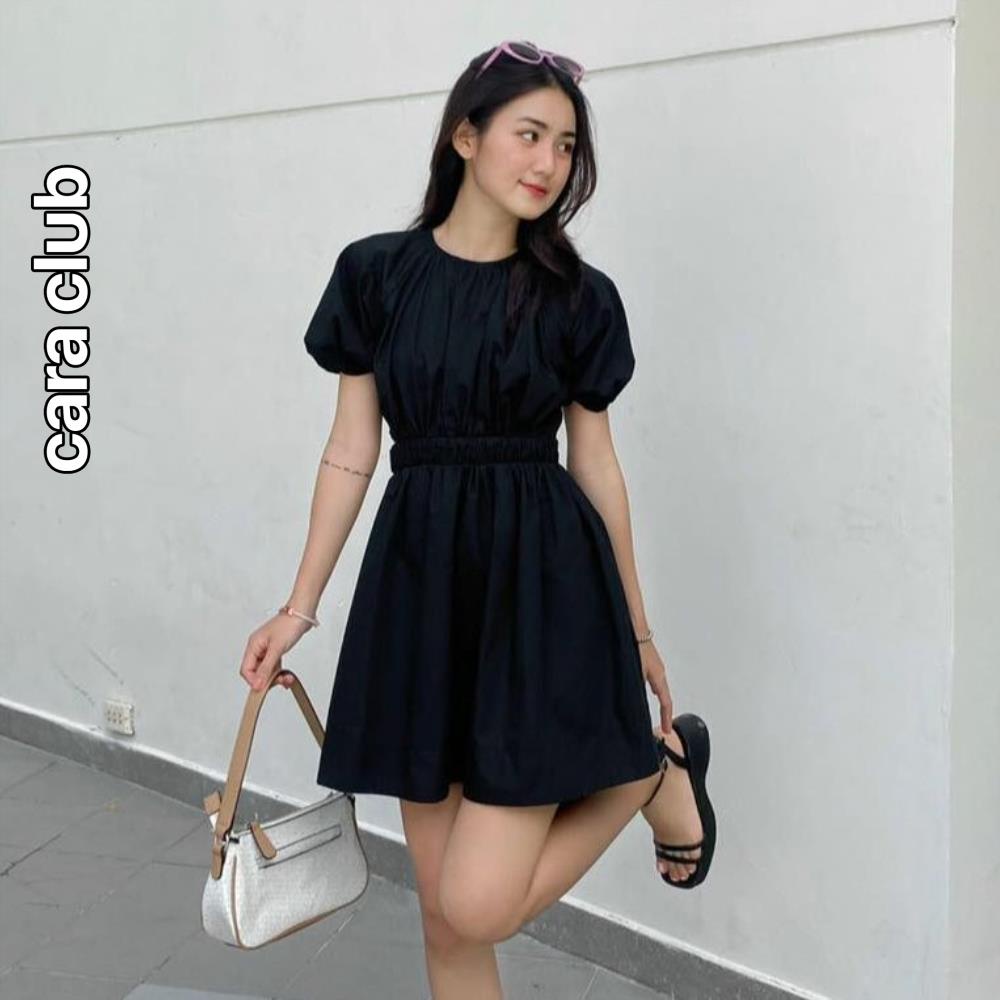 CARA Đầm ngắn nữ Anne kiểu tay phồng thắt nơ ở lưng trẻ trung năng động