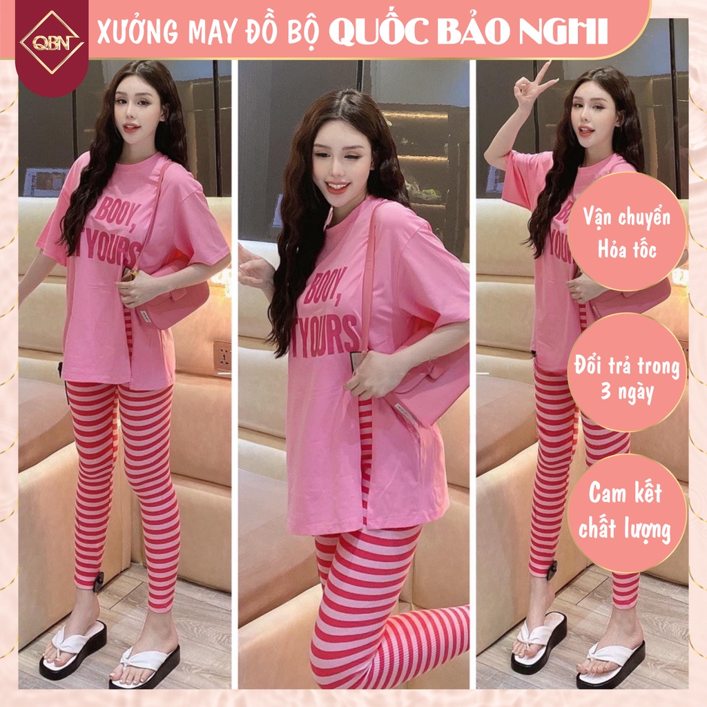 Đồ Bộ Nữ Quần Legging Áo In Chữ Xẻ Tà Mặc Nhà Đẹp