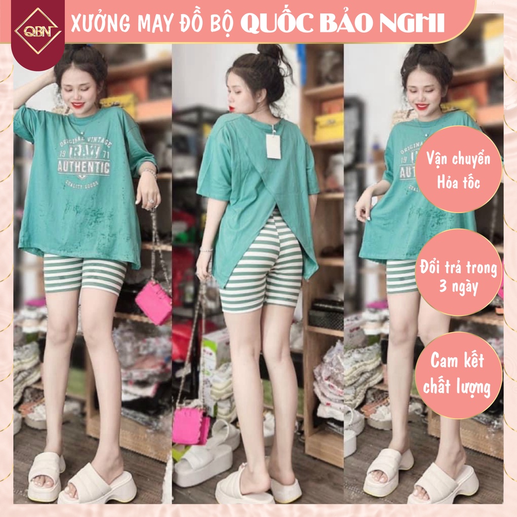 Đồ Bộ Nữ Quần Sọc Áo Xẻ lưng In Chữ