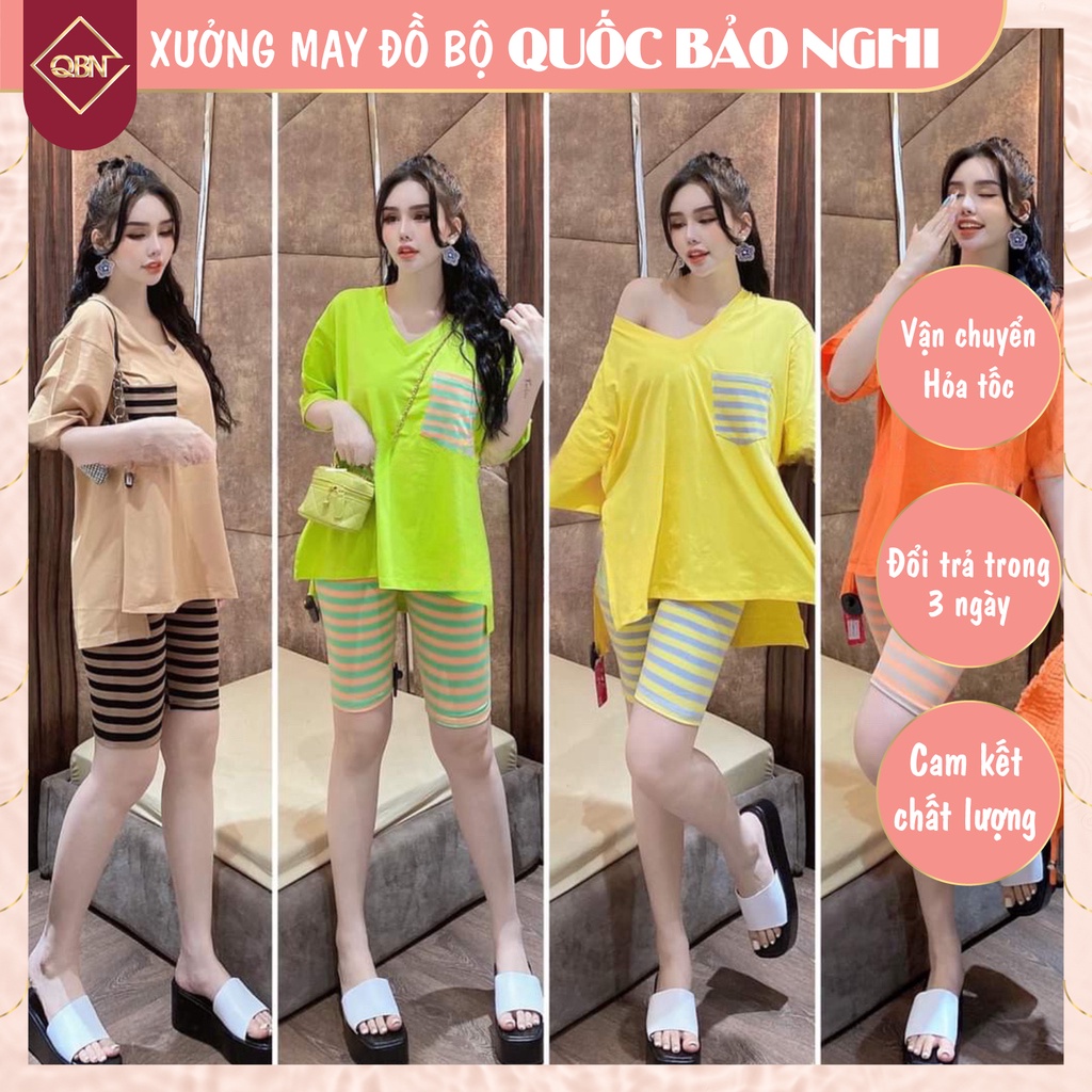 Set Đồ Bộ Nữ Quần Sọc Áo Phối Túi Xẻ Tà Bigsize Mặc Nhà