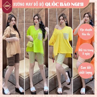 Set Đồ Bộ Nữ Quần Sọc Áo Phối Túi Xẻ Tà Bigsize Mặc Nhà