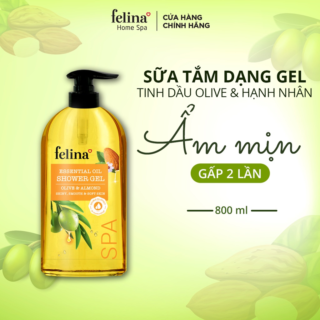 Sữa Tắm Dưỡng Thể Dạng Gel Felina Home Spa 800ml tinh dầu Oliu & Hạnh Nhân dưỡng ẩm giúp da mềm mịn, căng mướt gấp 2 lần