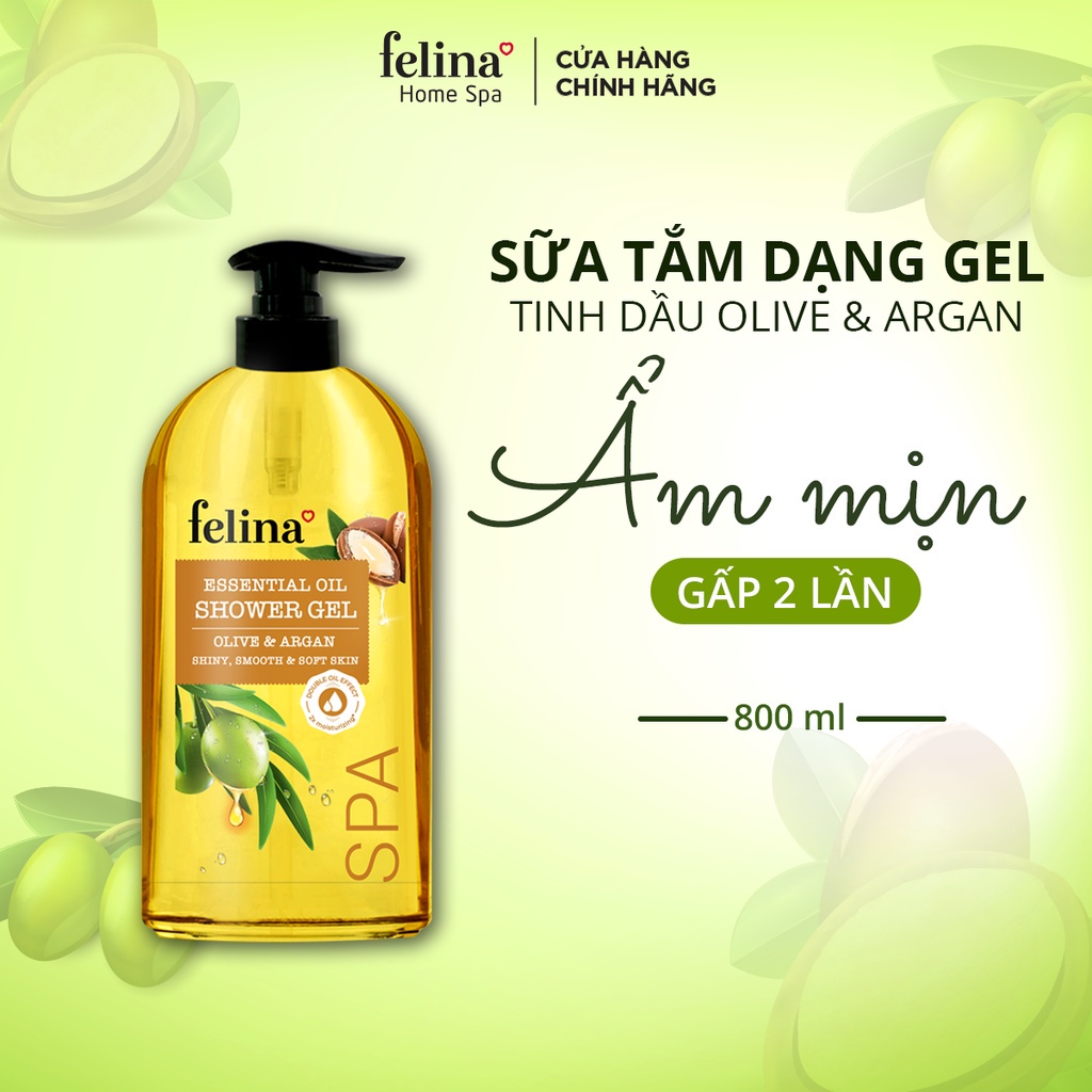 Sữa tắm tinh dầu Felina Home Spa 800ml dạng gel, tinh dầu Oliu & Bơ Tây Ban Nha dưỡng ẩm, da mềm mịn căng mướt gấp 2 lần