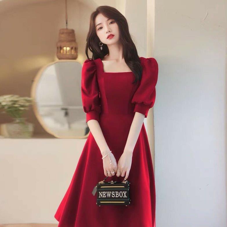 Đầm dáng xòe lụa Ý cổ vuông tay phồng, váy xòe dự tiệc hay công sở đều xinh - DTH NNQB0523