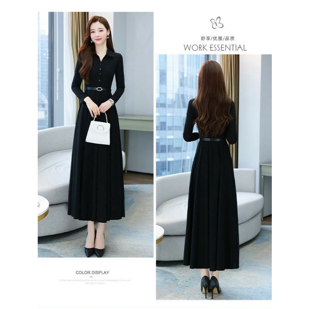 Hàng nhập - Đầm dáng xòe lụa cổ sơ mi đính nút tay dài, váy maxi công sở trẻ trung thanh lịch NNQB0523