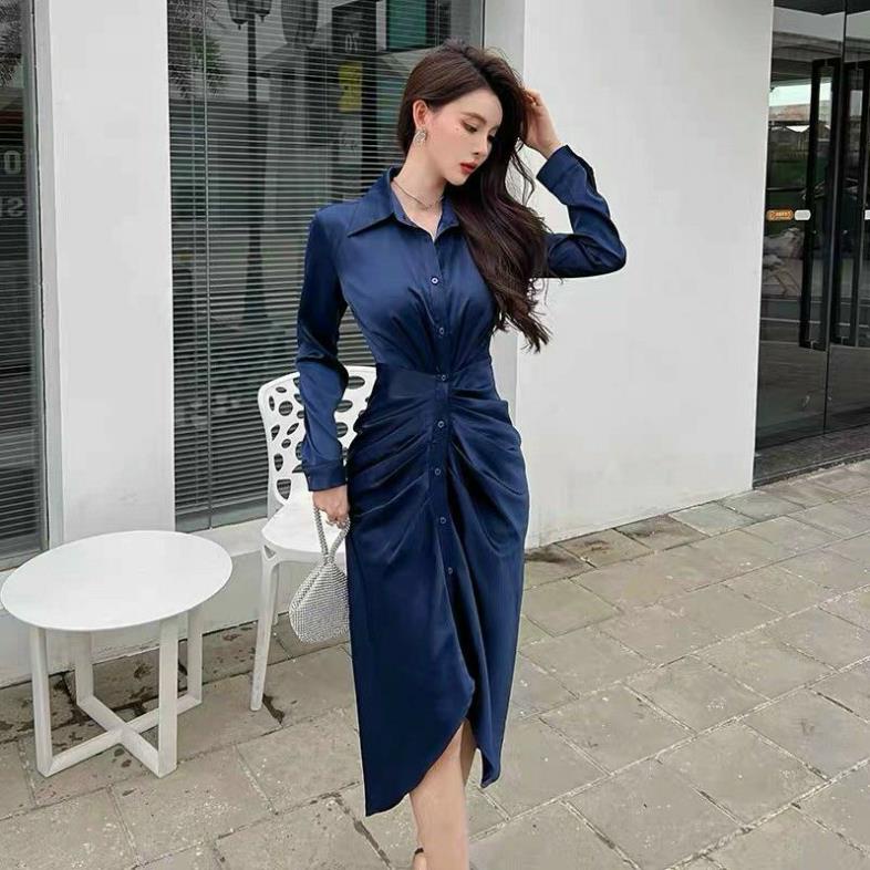 Hàng nhập - Đầm dáng ôm lụa cổ sơ mi nhíu thun eo, váy body cài nút trước trẻ trung sành điệu NNQB0523