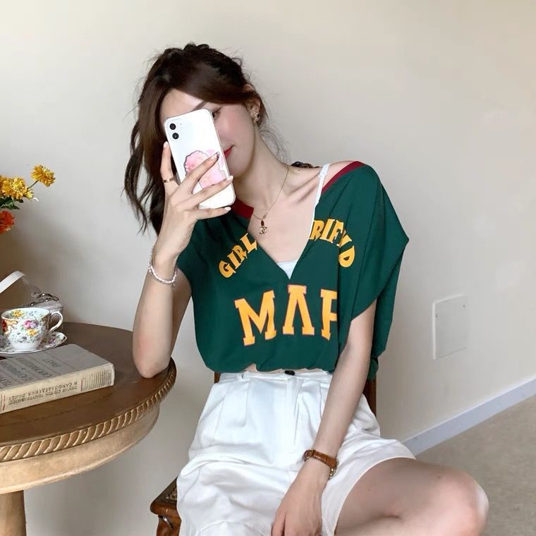 Áo Thun Nữ Không Tay Cổ Chữ V Giả Hai Lớp Phong Cách Hàn Quốc Mới