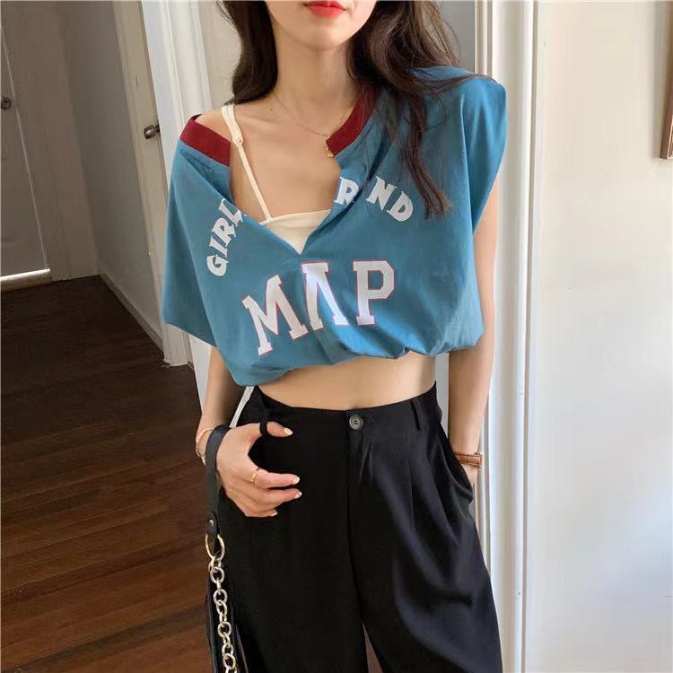 Áo Thun Nữ Không Tay Cổ Chữ V Giả Hai Lớp Phong Cách Hàn Quốc Mới