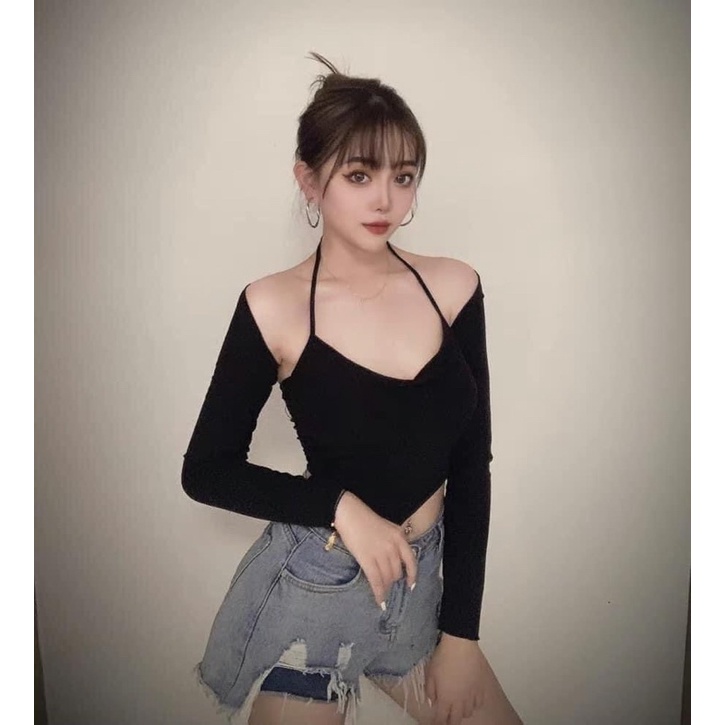 Áo Croptop Thun Gân PHOANH BOUTIQUE, Cổ Yếm, Tay Rời Dài (Có Ảnh Thật) 40-100kg