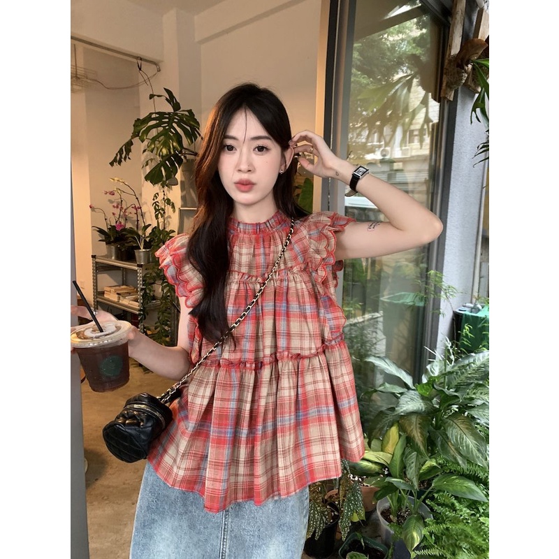 Áo Sơ Mi Tay Bay Họa Tiết Kẻ Sọc Thời Trang Mùa Hè 2023 Mới Cho Nữ