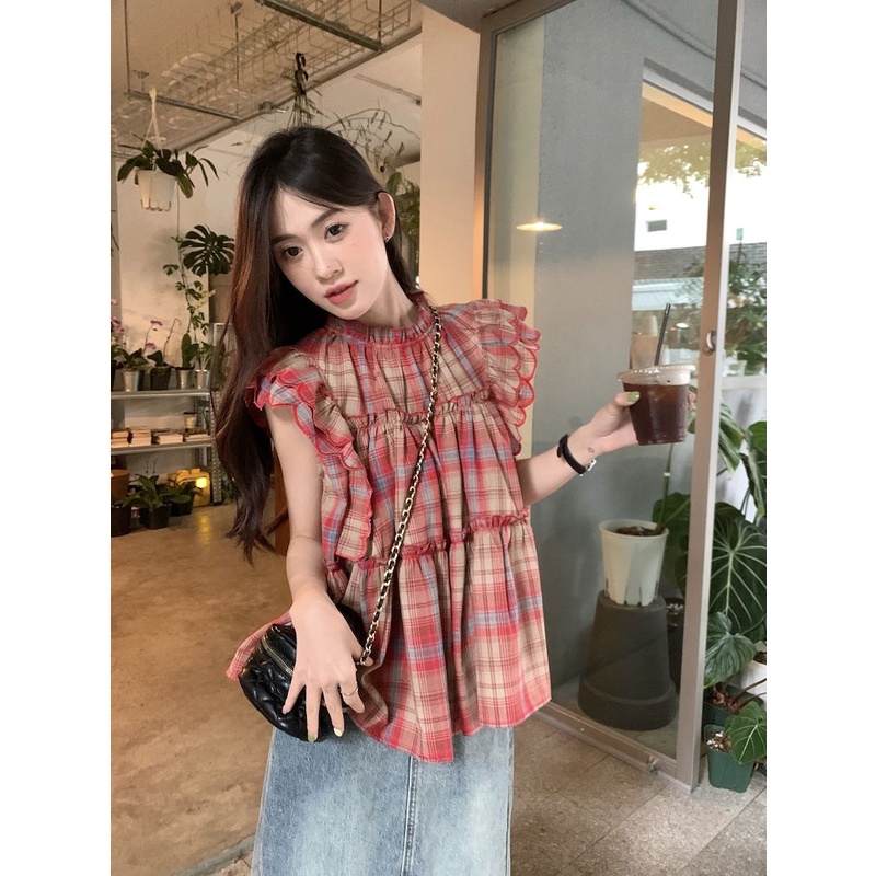 Áo Sơ Mi Tay Bay Họa Tiết Kẻ Sọc Thời Trang Mùa Hè 2023 Mới Cho Nữ