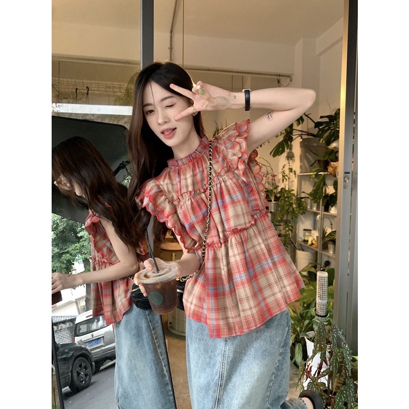 Áo Sơ Mi Tay Bay Họa Tiết Kẻ Sọc Thời Trang Mùa Hè 2023 Mới Cho Nữ