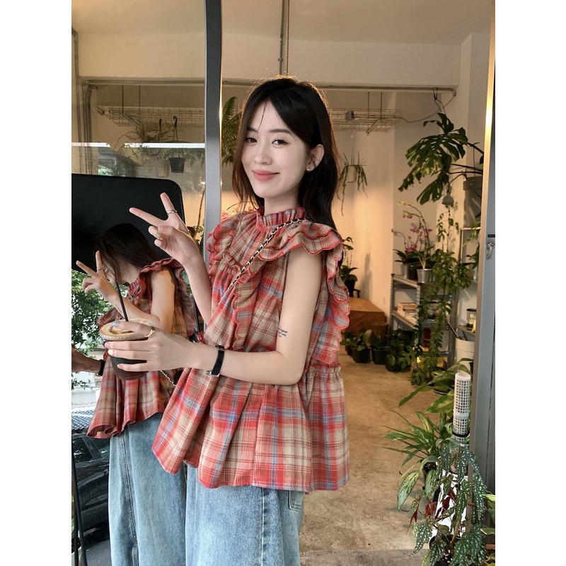 Áo Sơ Mi Tay Bay Họa Tiết Kẻ Sọc Thời Trang Mùa Hè 2023 Mới Cho Nữ