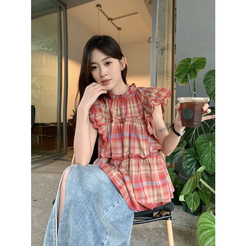 Áo Sơ Mi Tay Bay Họa Tiết Kẻ Sọc Thời Trang Mùa Hè 2023 Mới Cho Nữ