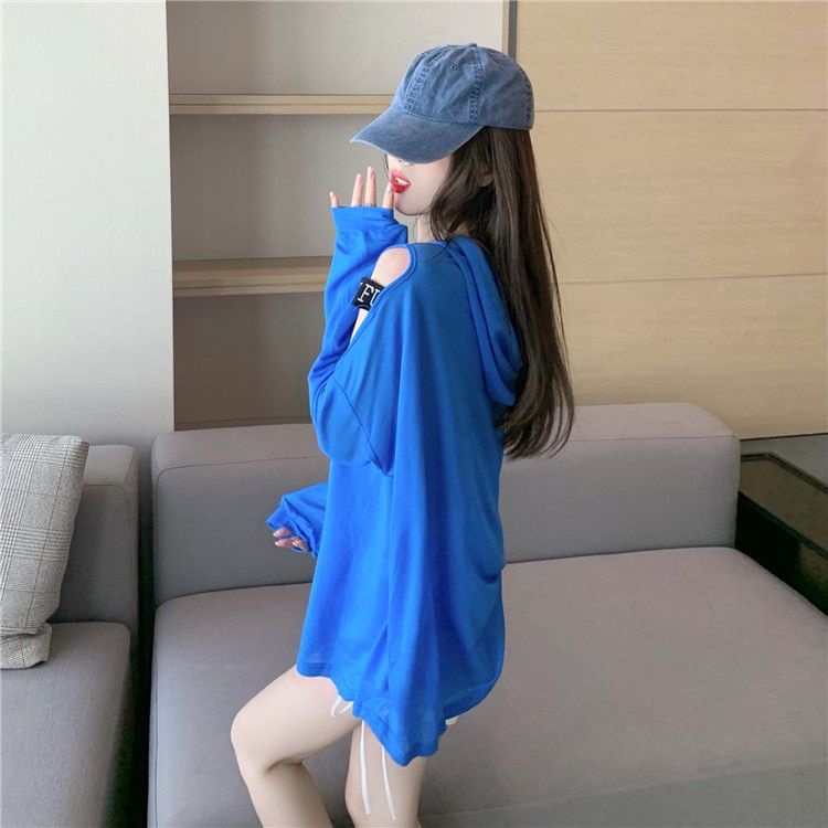 Áo Thun Tay Dài Có Mũ Trùm Vải Lụa Lạnh Mỏng Thiết Kế Khoét Rỗng Phong Cách Mới Quyến Rũ Cho Nữ
