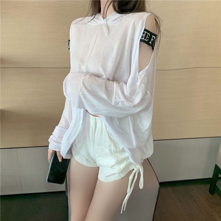 Áo Thun Tay Dài Có Mũ Trùm Vải Lụa Lạnh Mỏng Thiết Kế Khoét Rỗng Phong Cách Mới Quyến Rũ Cho Nữ