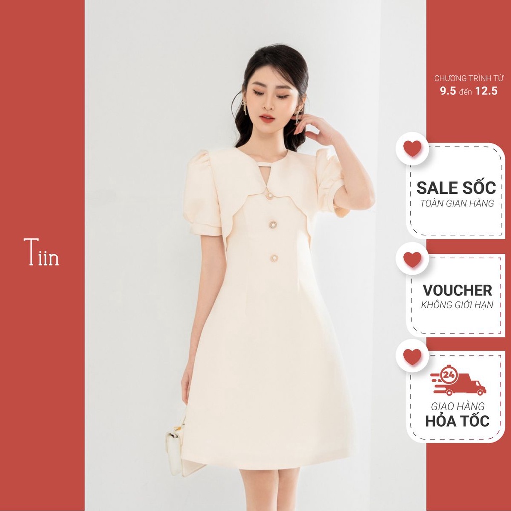 Đầm nữ phối áo Váy nữ công sở đáp ngực lượn cánh hoa chất tafta không nhăn nhàu bền đẹp TIINSTORE VHN676