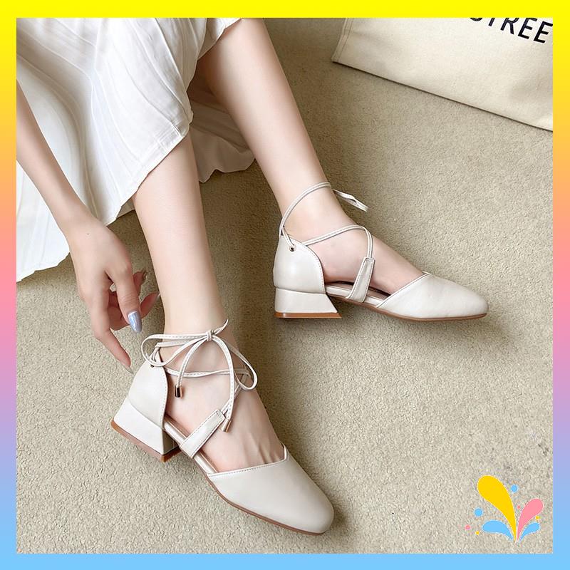 Giày sandal chất da mềm quai dây tự buộc bít mũi cao 3p màu trắng kem cực xinh cho nữ