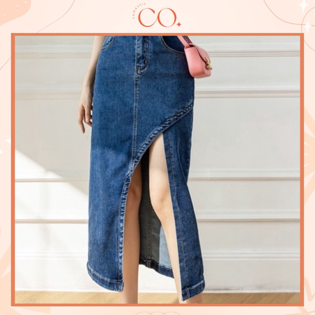 Chân váy cạp cao dài qua gối, chân váy midi jean/ kaki phong cách_A19