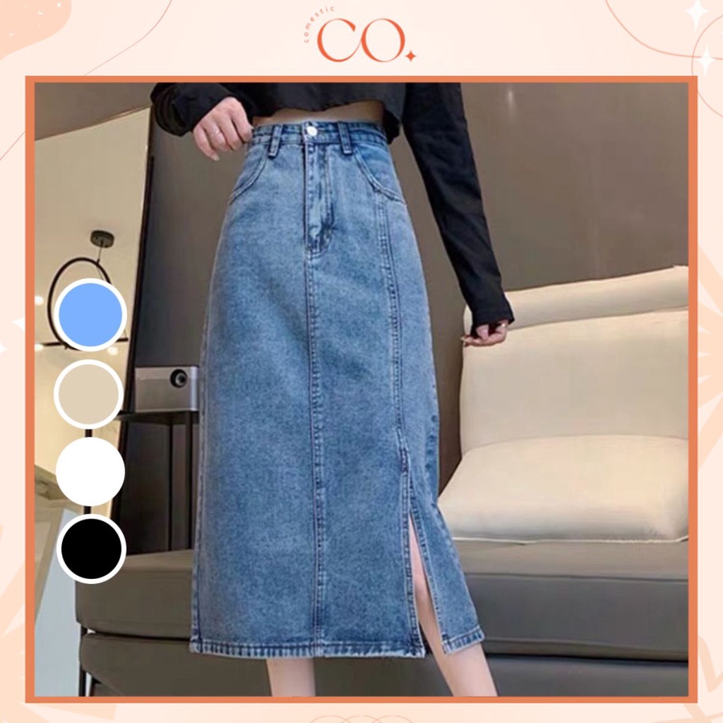 Chân Váy Cạp Cao Dài Qua Gối Xẻ Gấu Phối Viền Nổi Bật Phong Cách Ulzzang