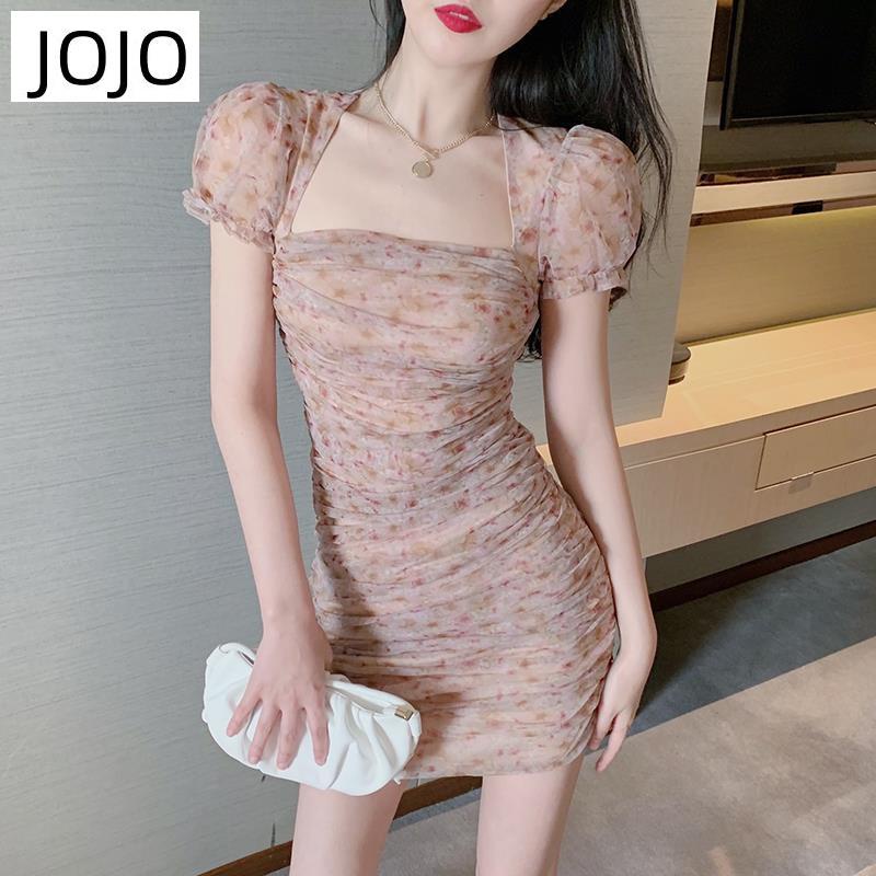 Đầm Ngắn Tay Phồng Cổ Vuông Dáng Ôm In Họa Tiết Hoa Thời Trang Xinh Xắn Cho Nữ