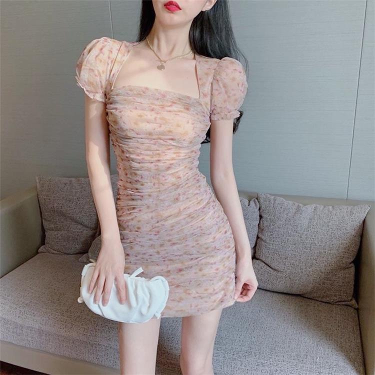 Đầm Ngắn Tay Phồng Cổ Vuông Dáng Ôm In Họa Tiết Hoa Thời Trang Xinh Xắn Cho Nữ