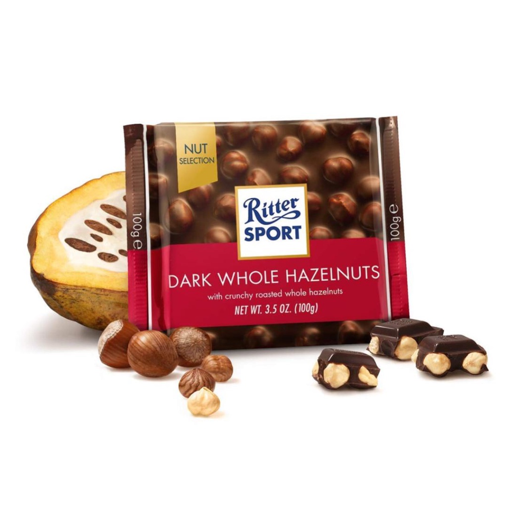 Socola Đắng Hạt Dẻ, Dark Whole Hazelnuts, with Crunchy Roasted Whole Hazelnuts, 3.5 oz  - RITTER SPORT