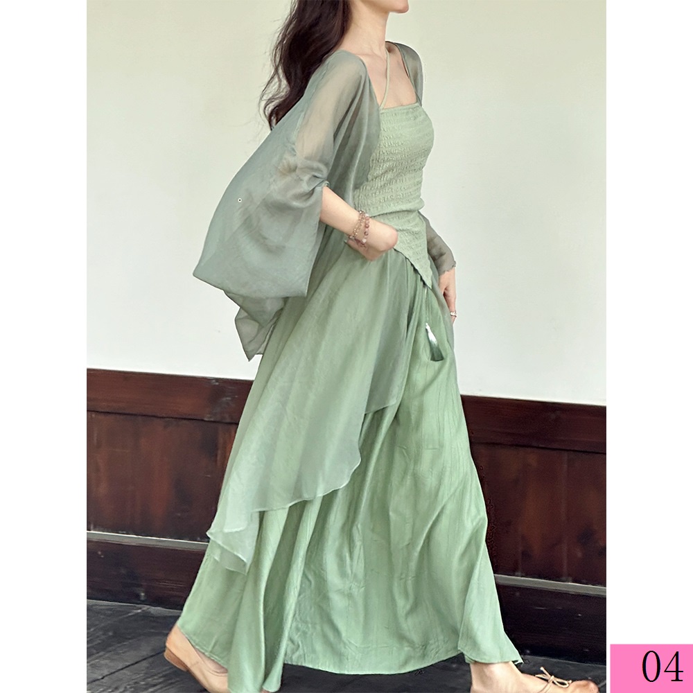 Hàng Có Sẵn Set Đầm Voan Hai Dây Màu Xanh Lá Cây Phong Cách Trung Hoa Ngọt Ngào Phong Cách Zen Mát Mẻ Mùa Hè