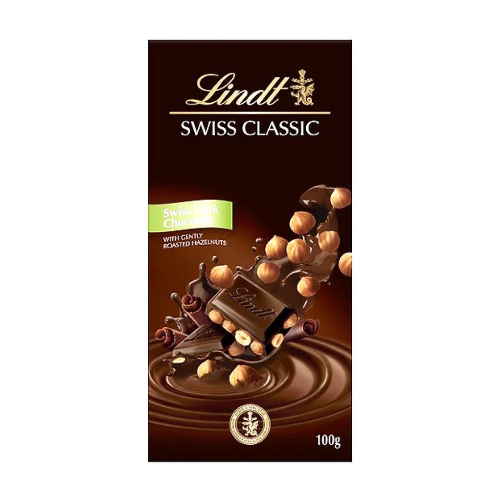 (Ship2h) Socola Đắng Thụy Sĩ Nhân Hạt Dẻ, Swiss Classic, Swiss Dark Chocolate with Hazelnuts (100g) - LINDT