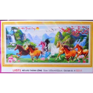 Tranh đính đá 9 con ngựa- mã đáo thành công lv571 kt 100x50cm