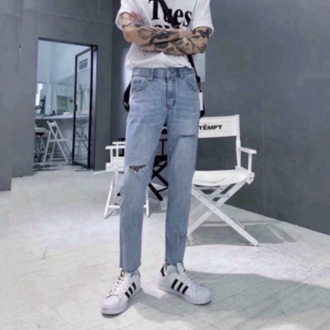 Quần Jean Dài Nam black color Rách 2 Gối dáng trang điểm Cao Cấp, From Dáng Skinny a256 a32 a124 a4 a735 q8s a33 q6