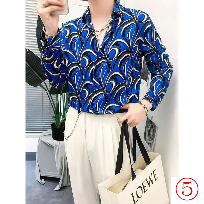 Áo Sơ Mi Lụa Lạnh Mỏng Tay Dài Dáng Ôm In Hoa Kiểu Hàn Quốc Thời Trang Xuân Hè Cho Nam 12I