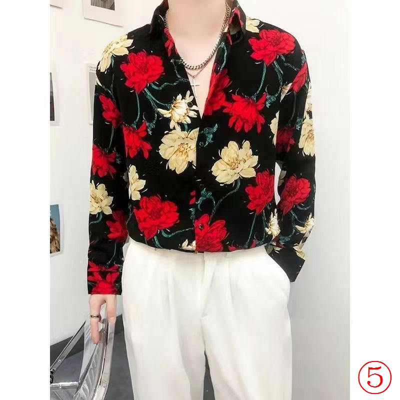 Áo Sơ Mi Lụa Lạnh Mỏng Tay Dài Dáng Ôm In Hoa Kiểu Hàn Quốc Thời Trang Xuân Hè Cho Nam 12I
