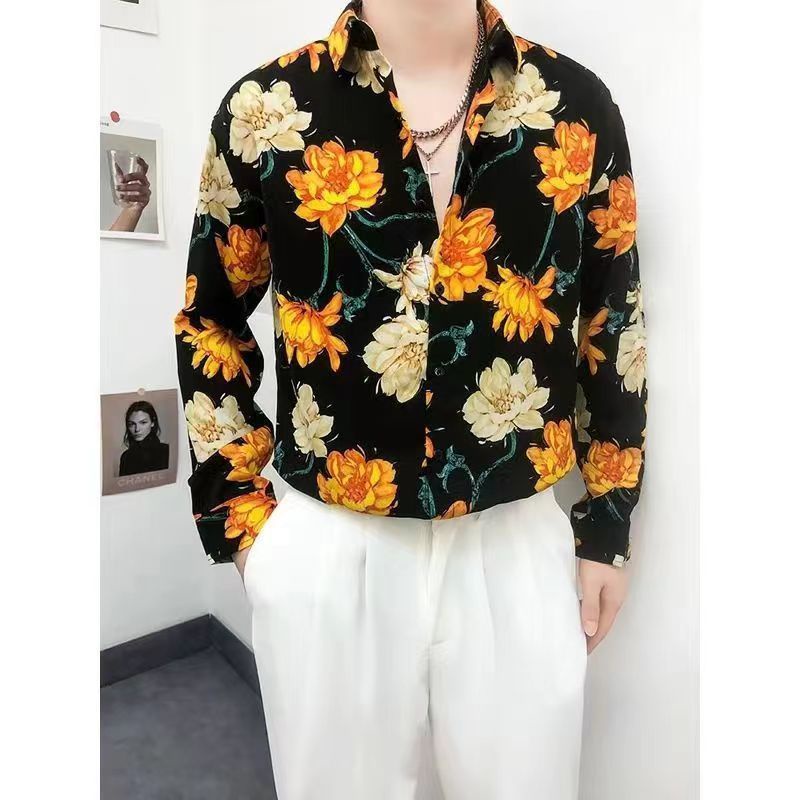 Áo Sơ Mi Lụa Lạnh Mỏng Tay Dài Dáng Ôm In Hoa Kiểu Hàn Quốc Thời Trang Xuân Hè Cho Nam 12I